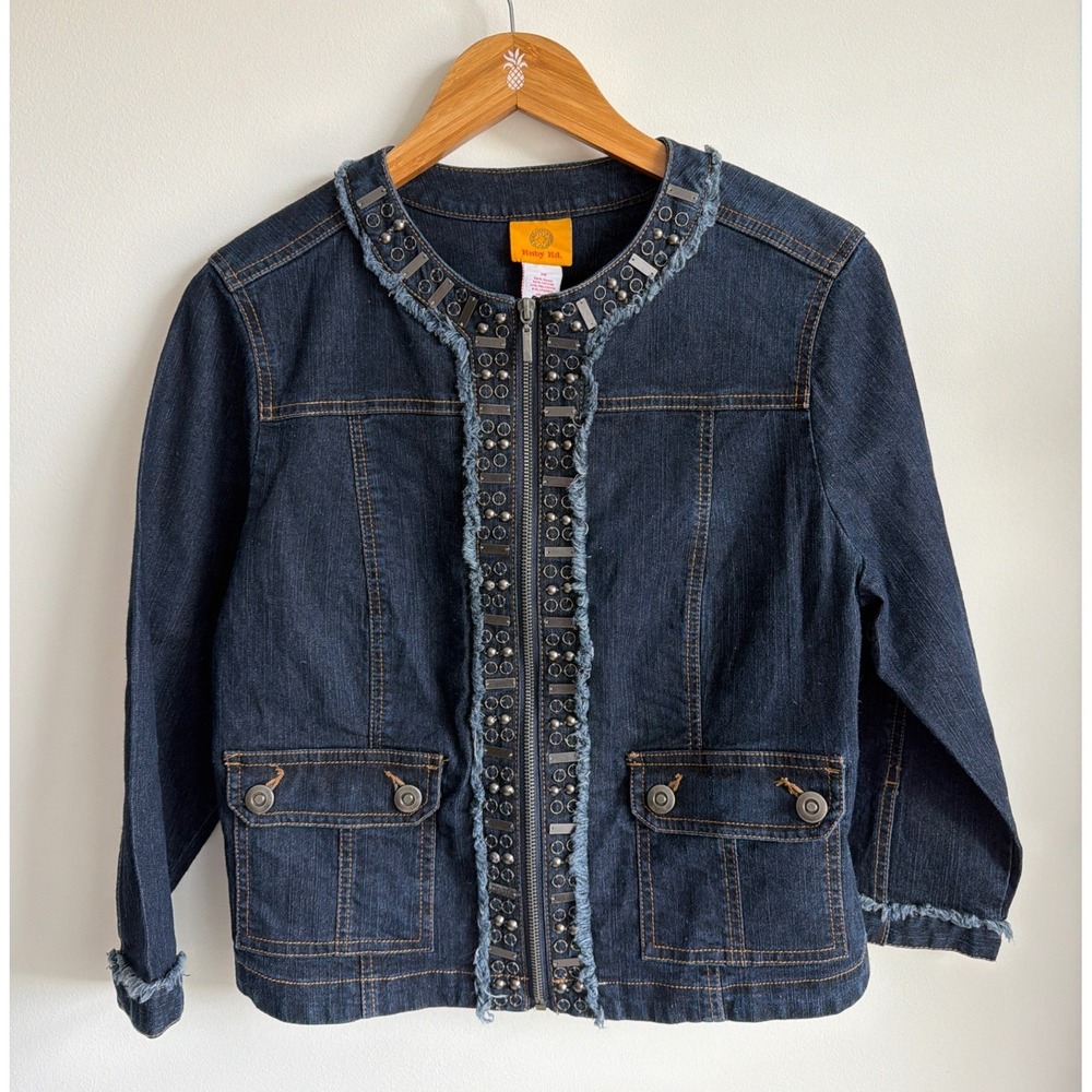 Ruby Rd Women Studded Fringed Denim Jacket Size 10 Blue Y2K Textured Boho